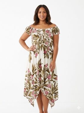 Anthropologie Kindred White Off-Shoulder Midi Dress with Olive and Pink Floral
